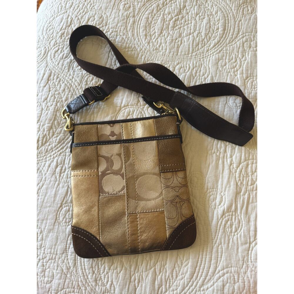 Coach Vintage Patchwork Crossbody Purse Brown/Gold/Suede Leather Y2K Glamcore